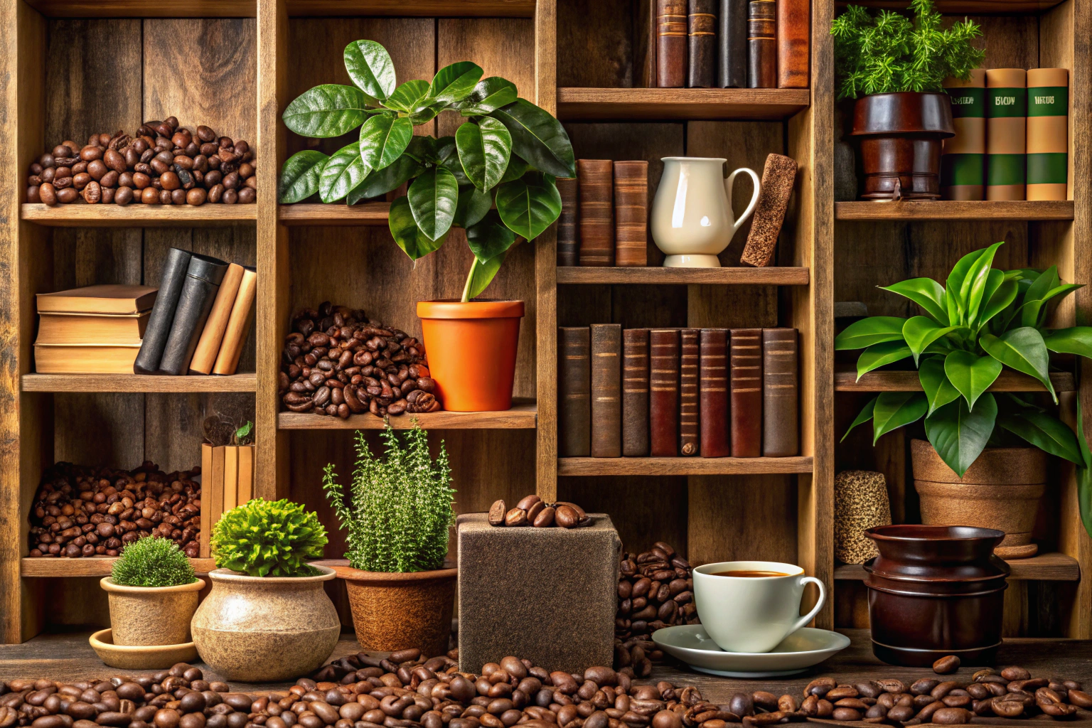 Eine detaillierte Darstellung eines Bücherregals mit verschiedenen Büchern über Kaffeeanbau, umgeben von Kaffeebohnen und Pflanzen, ohne erkennbare Wörter oder Symbole