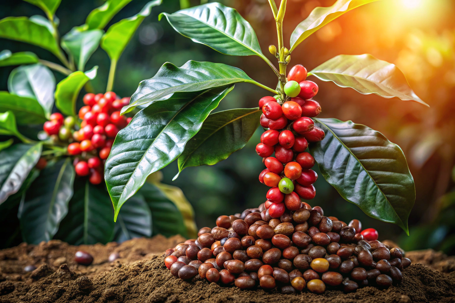 Eine Kaffeepflanze mit grünen Blättern und roten Kirschen in einem tropischen Garten, umgeben von lockerem, dunklem Boden und leichtem Schatten