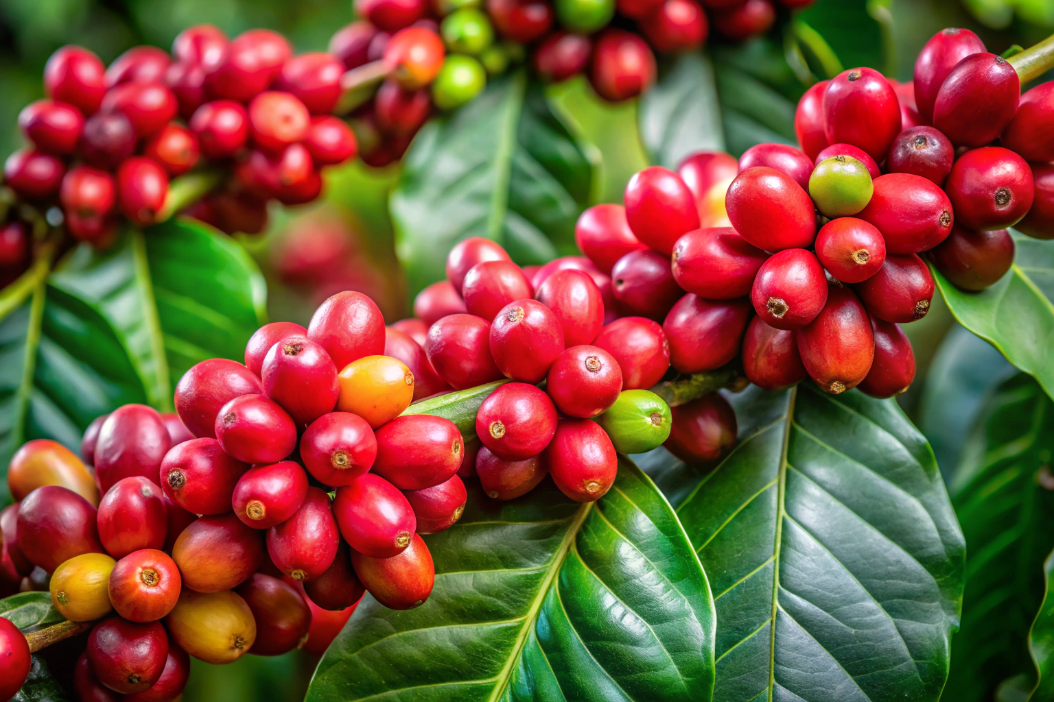 Eine Nahaufnahme von reifen Kaffeekirschen an einem Zweig, die in verschiedenen Rottönen leuchten, umgeben von grünen Blättern, ohne erkennbare Markierungen oder Text