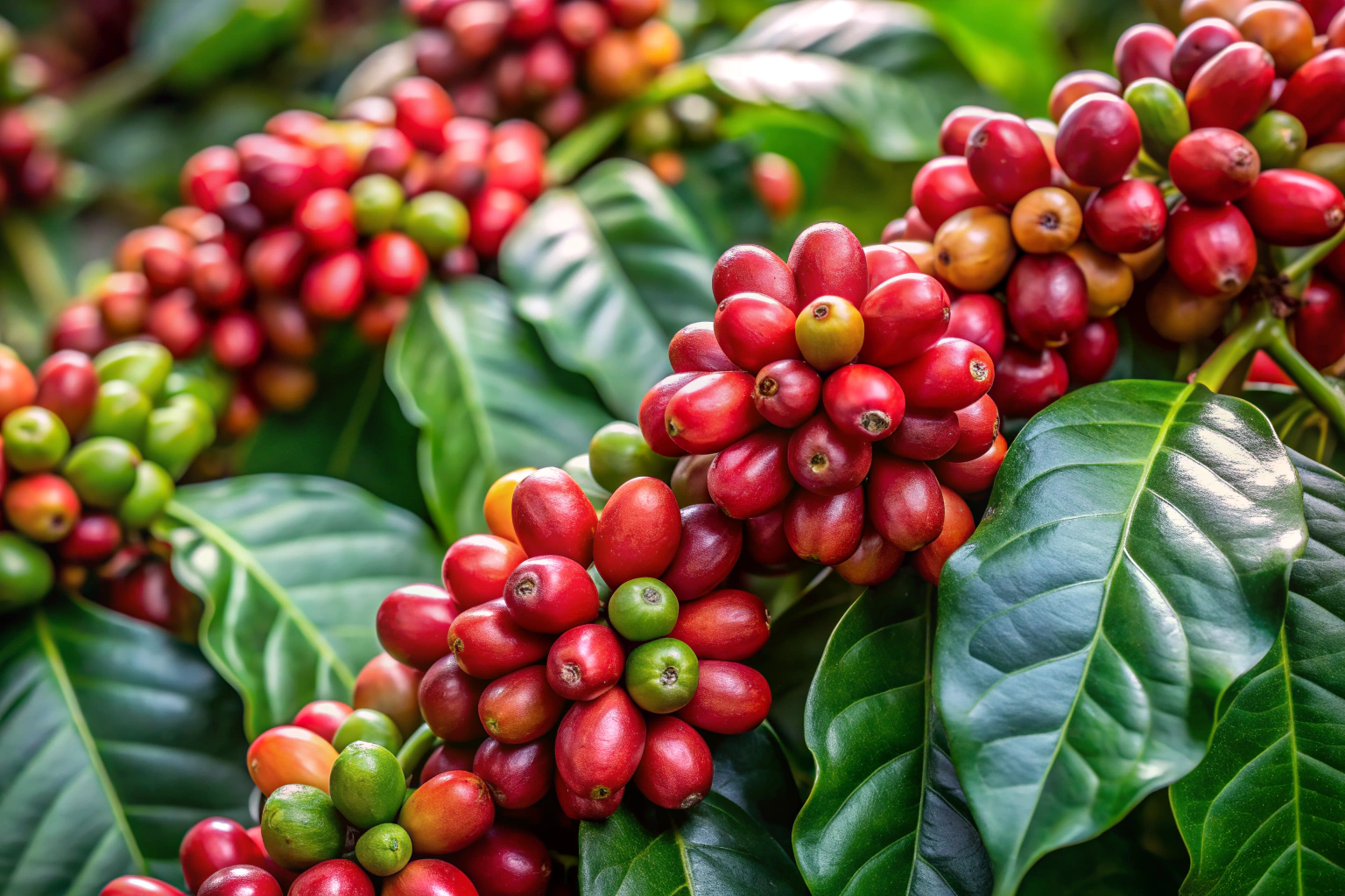 Close-up of Arabica and Robusta coffee plants growing in a garden, showing their distinct leaf structures and berries, with no text or branding