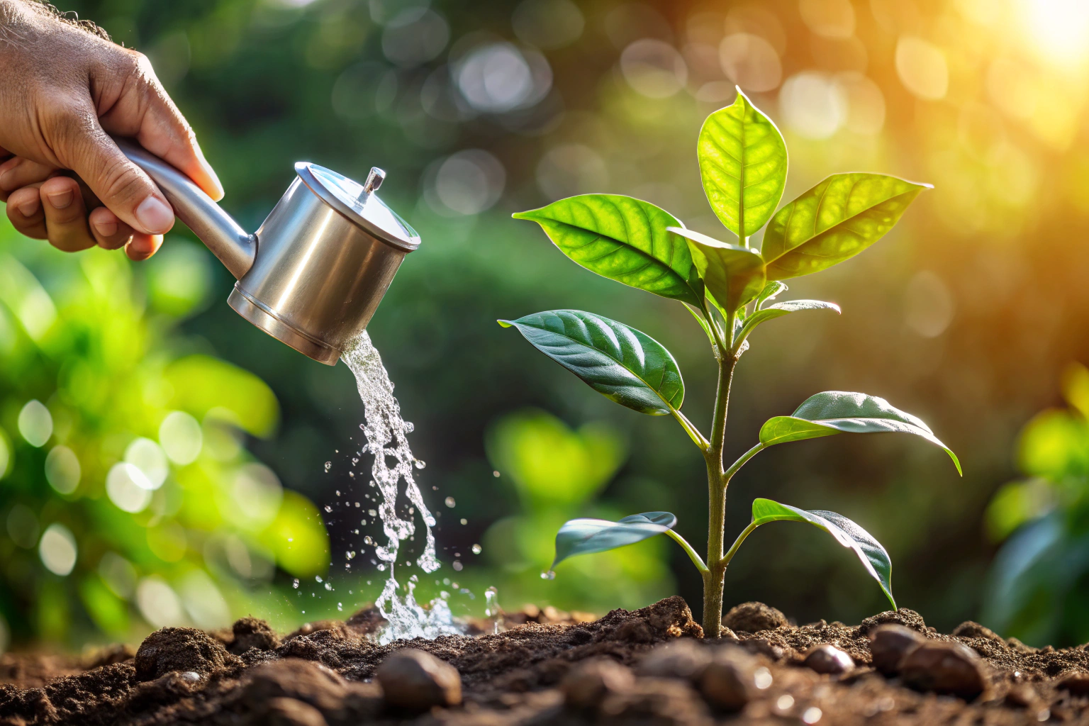 Close-up of a hand gently watering a coffee plant with a watering can, showing moist soil and healthy leaves, no text or branding visible