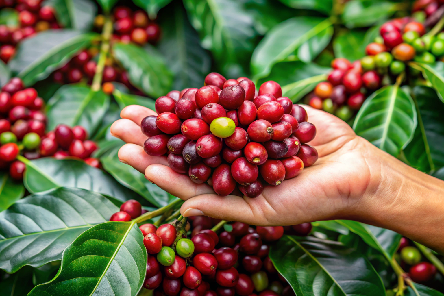 Ein detailliertes Foto einer Hand, die eine reife Kaffeekirsche hält, mit grünen Blättern im Hintergrund, das die Verbindung zwischen Mensch und Natur im Kaffeeanbau symbolisiert, ohne erkennbare Marken oder Texte