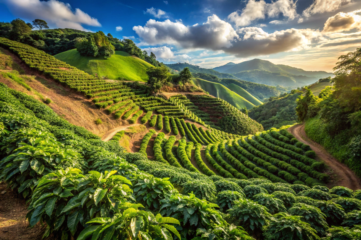 Ein Bild einer idyllischen Kaffeefarm mit Reihen von Kaffeepflanzen, die in terrassierten Hängen wachsen, umgeben von üppiger Vegetation unter einem sonnigen Himmel, ohne erkennbare Markierungen oder Text