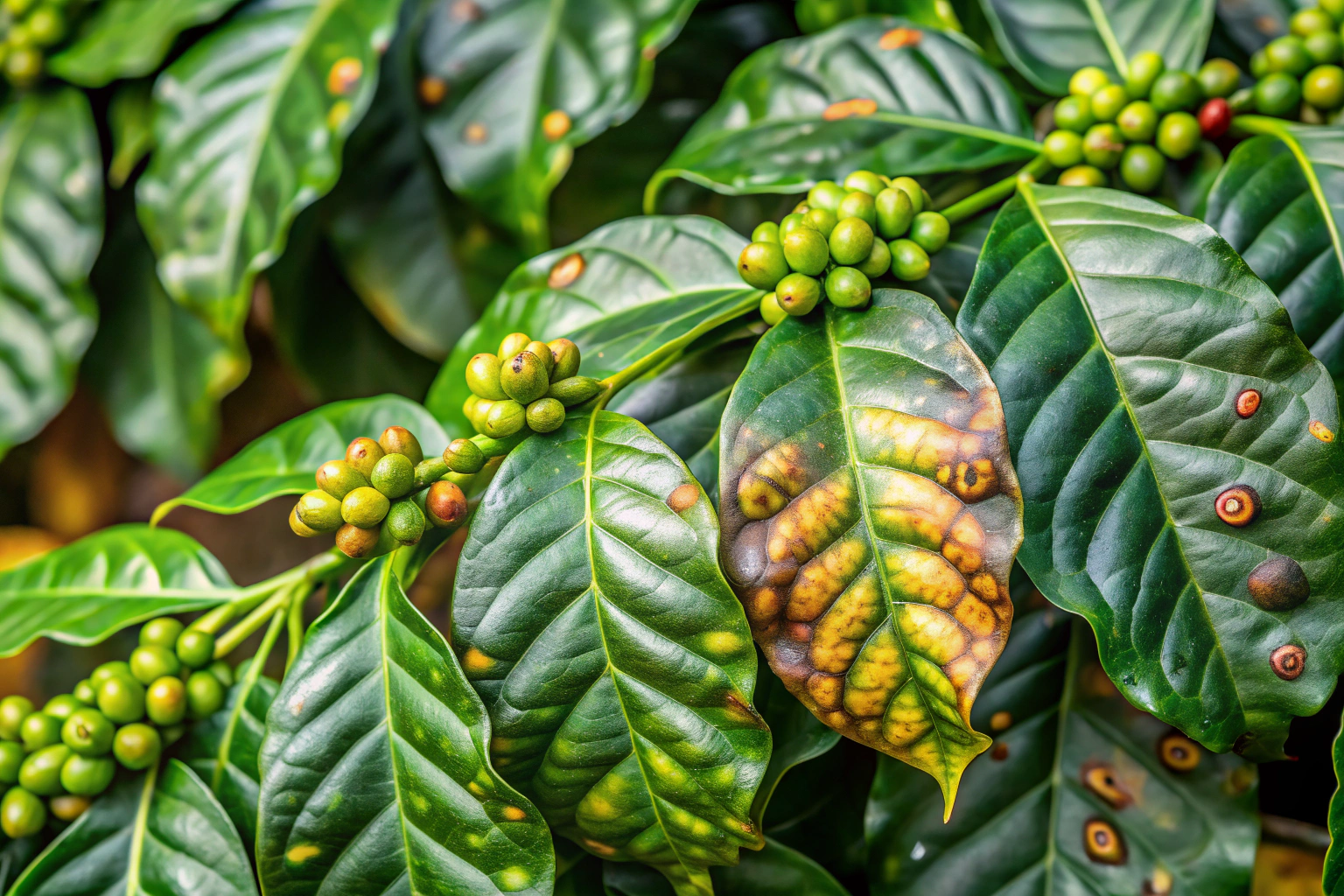 A close-up view of coffee plant leaves showing signs of disease, with spots and discoloration, set in a natural farm environment without any text or branding